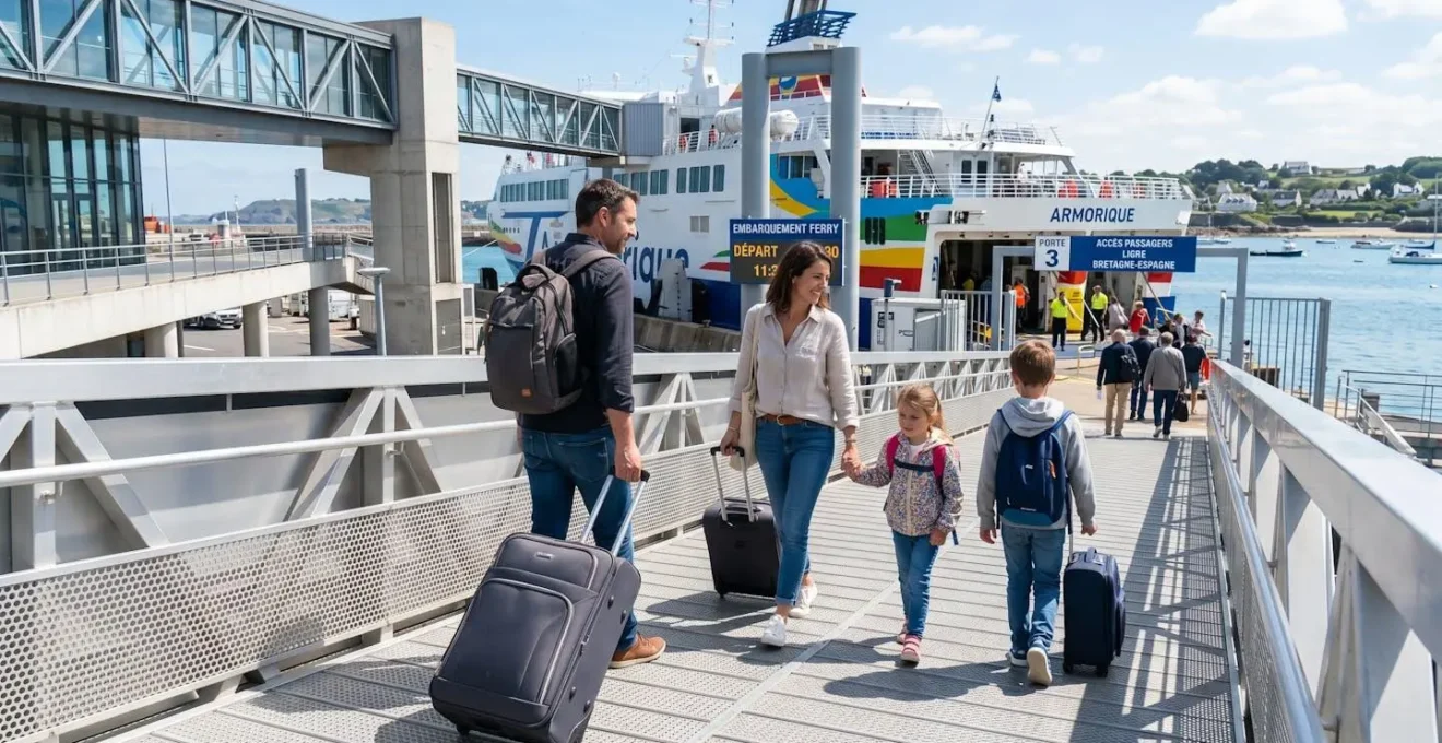 Famille avec enfants vue de dos montant la passerelle d'embarquement d'un ferry, bagages à la main, lumière naturelle du matin