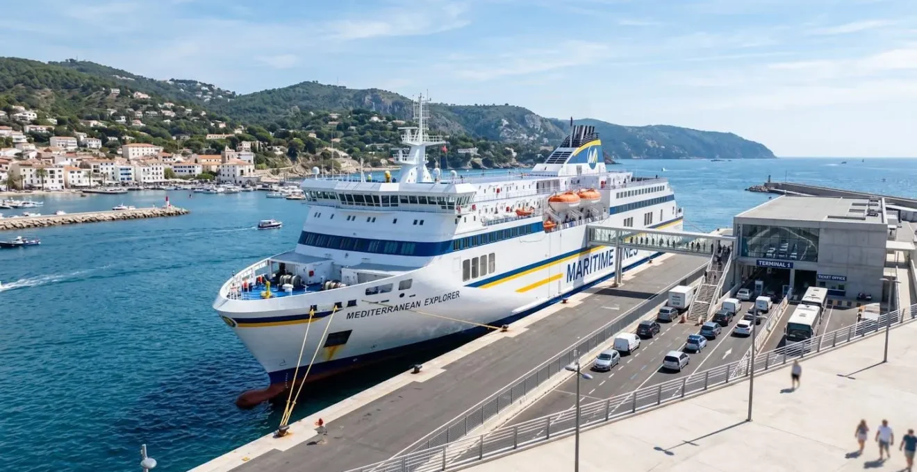 Vue large d'un ferry moderne amarré au port méditerranéen, ciel bleu et mer calme en arrière-plan