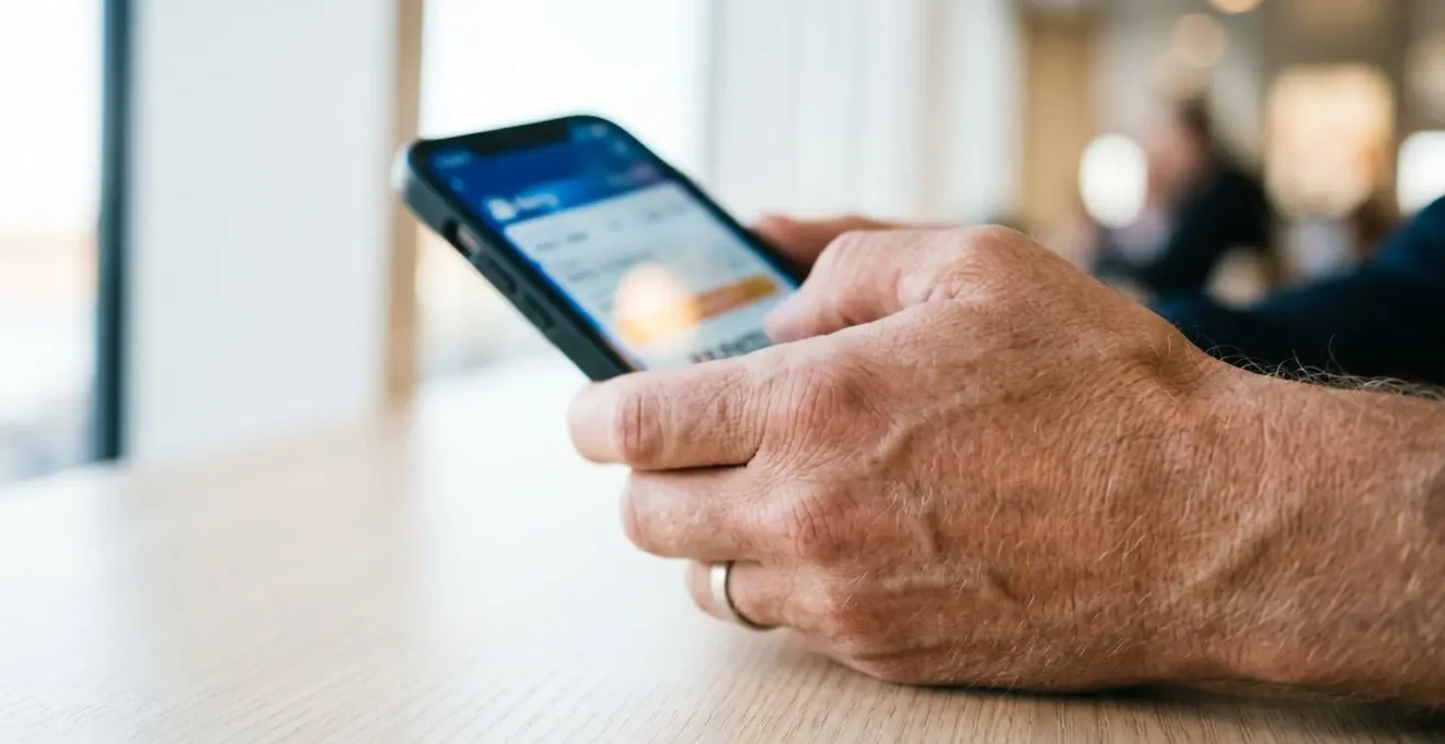 Gros plan d'une main tenant un smartphone affichant un billet de ferry électronique avec l'écran totalement flouté