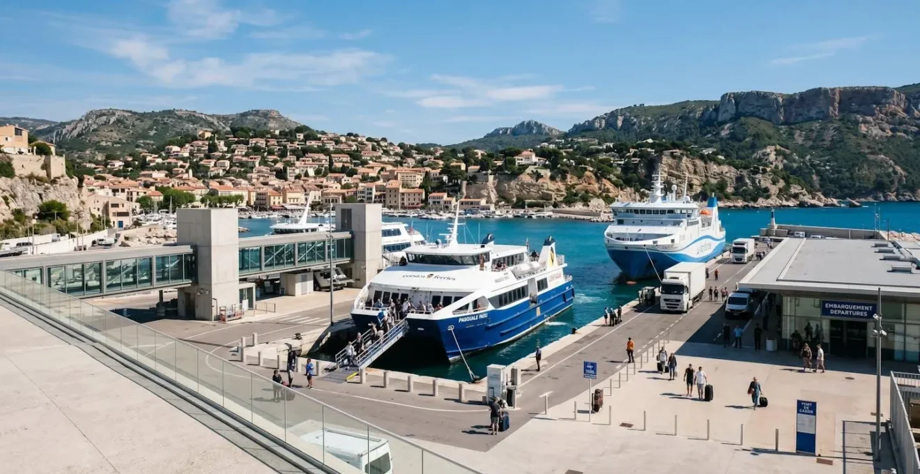 Vue large d'un port français méditerranéen avec plusieurs ferries amarrés et une architecture portuaire contemporaine sous une lumière naturelle abondante